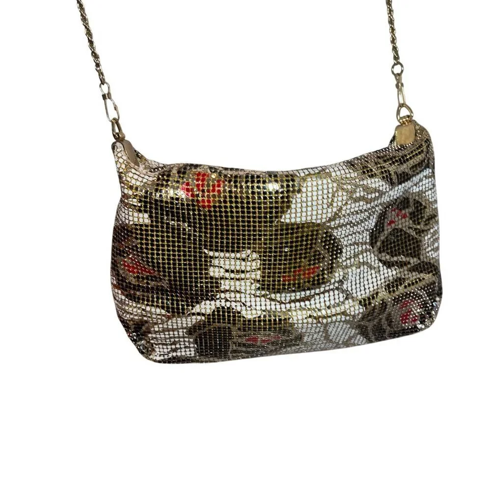 Vintage Womens Clutch Bag Multicolor Chain Mesh Rose Pattern Convertible